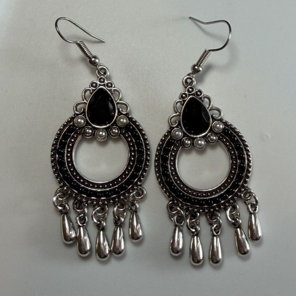 Vtg Boho Silver Chandelier Earrings Black Teardrop Dangle Tribal Festival
